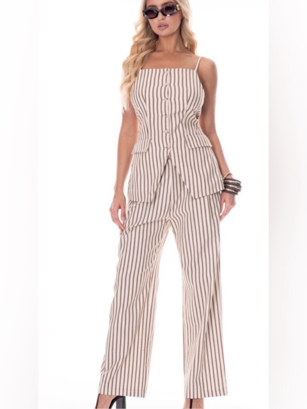 Striped brown  & cream Wide-Leg set
